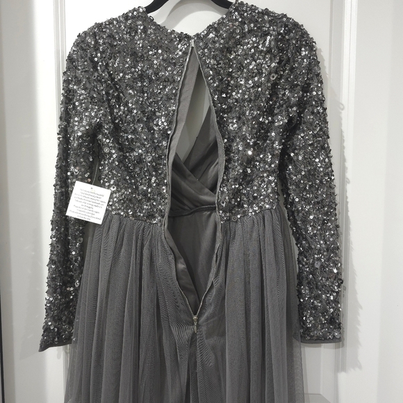 MAYA Embellished Beaded Long Sleeve Surplice Bridesmaid Mini Dress, Tulle Skirt - Picture 12 of 16